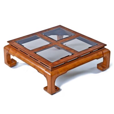 Burl and Mahogany square Chinese coffee table with glass top