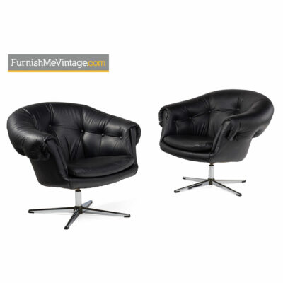 Pod Chairs - Mid-Century Modern Overman Style in Tufted Black Vinyl