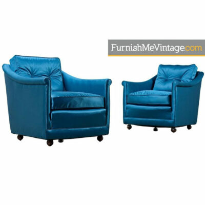 Henredon Club Chair Set - Hollywood Regency Satin Blue Fabric