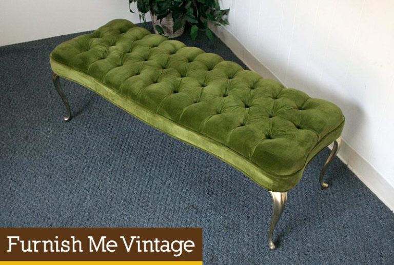 Vintage Hollywood Regency Glam Green Velvet Tufted Bench