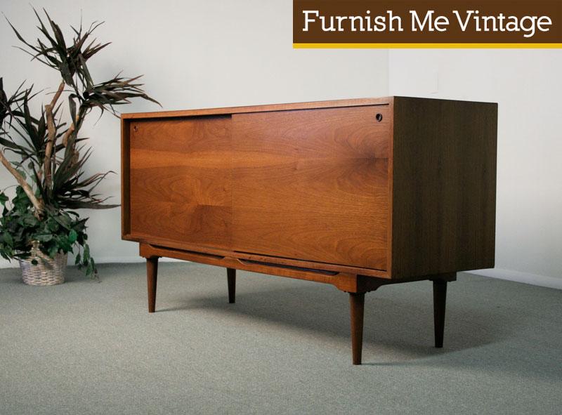 Mid Century Modern Walnut Sliding Door Credenza
