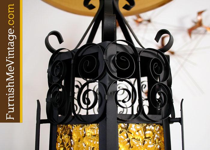 Pair of Mid Century Wrought Iron Amber Glass Lamps