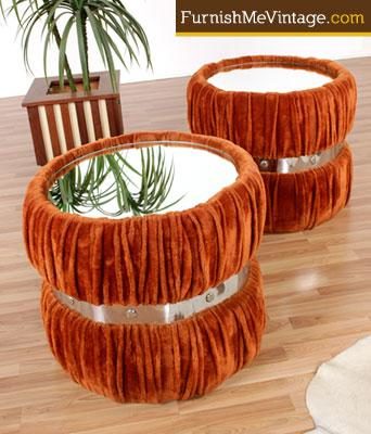Pair of Vintage Fuzzy Orange Mirrored End Tables