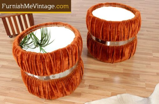 Pair of Vintage Fuzzy Orange Mirrored End Tables