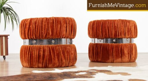 Pair of Vintage Fuzzy Orange Mirrored End Tables