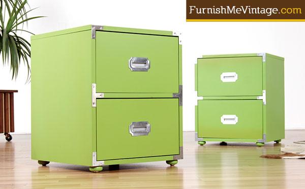 Pair Of Vintage Lime Green Campaign Nightstands