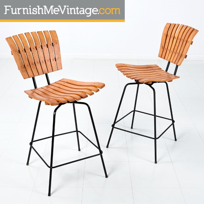 Arthur Umanoff Slatted Retro Bar Stools Arthur Umanoff Counter Height Bar Stools