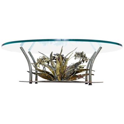Silas Seandel Brutalist Coffee Table Metal Floral Sculpture With Glass Top