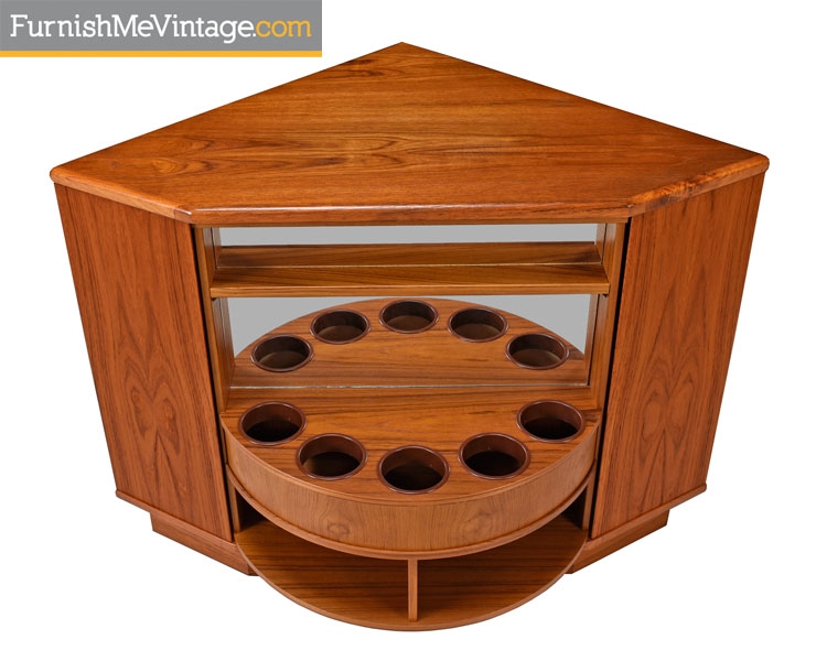 Revolving Danish Teak Corner Bookcase with Mirrored Bar Reveal