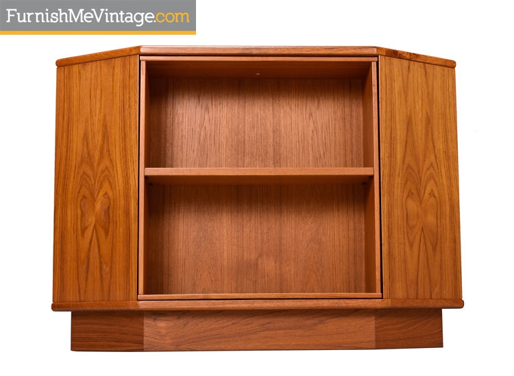 Revolving Danish Teak Corner Bookcase with Mirrored Bar Reveal