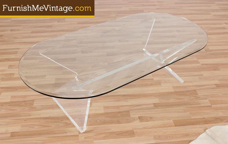 Vintage Lucite Coffee Table With Beveled Oval Gl