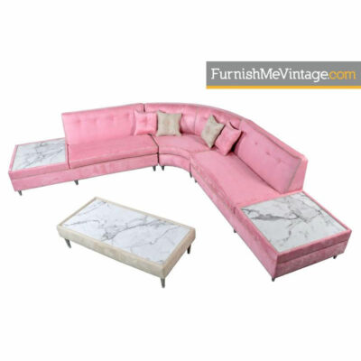 retro,rat-pack,hollywood regency,Pink, Microsuede, Sectional Sofa,Coffee Table