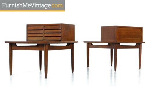 Restored American of Martinsville Dania Walnut Louvered Lamp Table Nightstands