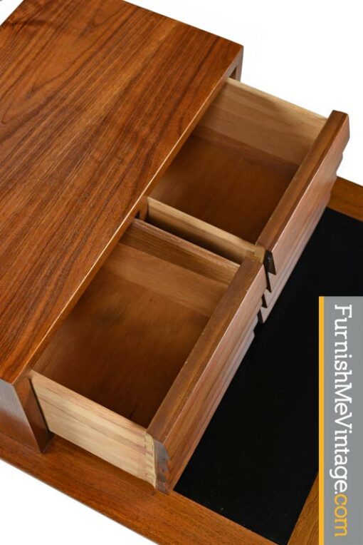 Restored American of Martinsville Dania Walnut Louvered Lamp Table Nightstands