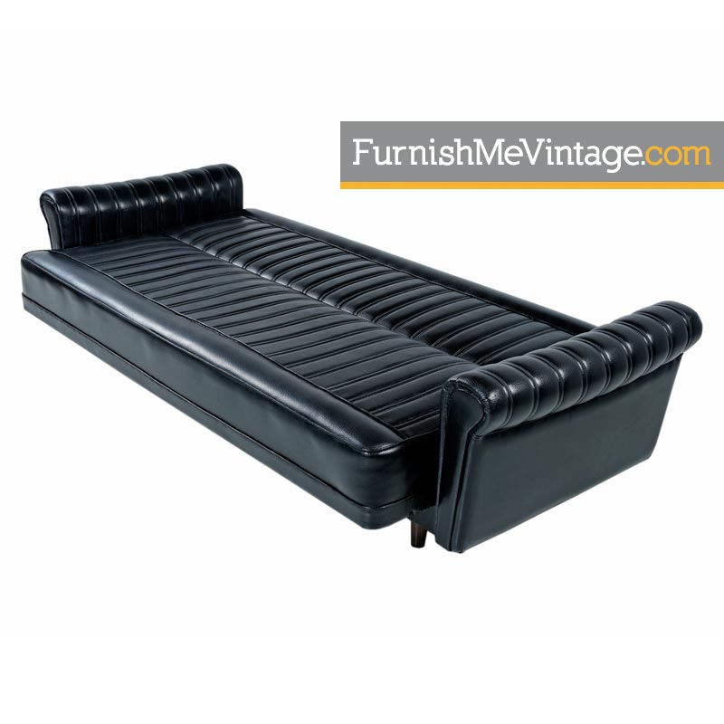 Black Vinyl Convertible Harvey Probber Style Vintage Sofa Sleeper