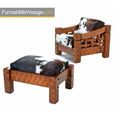 pine lounge chair,Vintage, Cowhide, Rustic