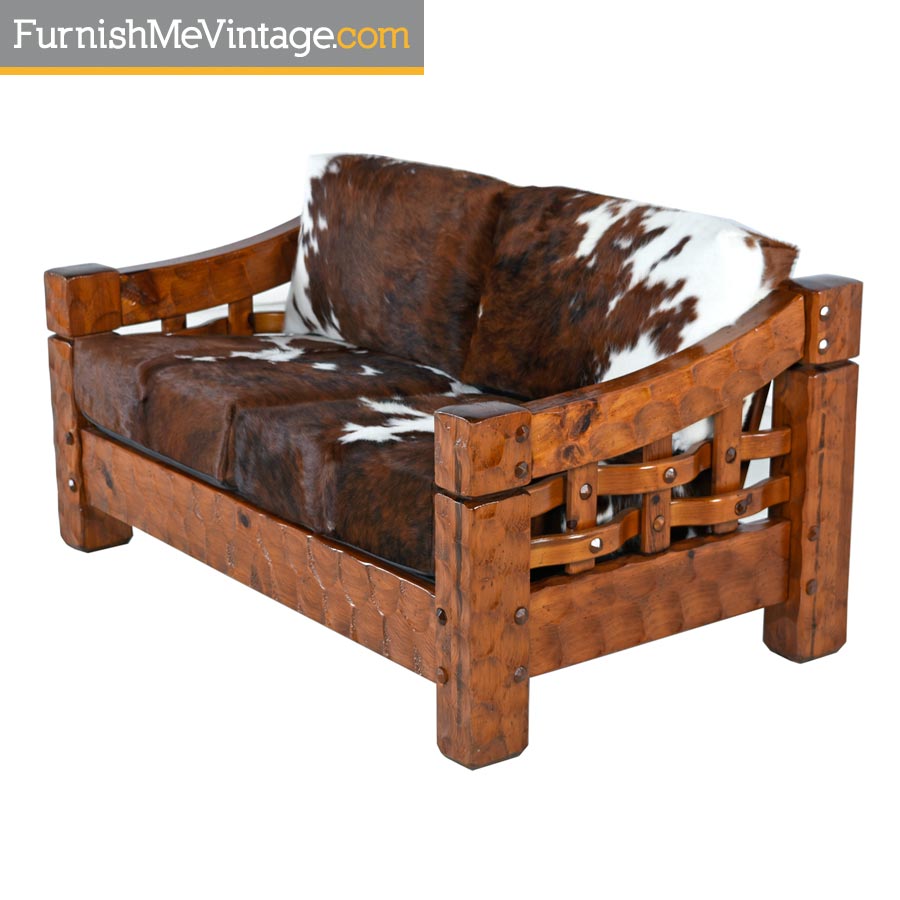 Null Solid Pine Rustic Modern Loveseat Sofa Setee In Cowhide Leather