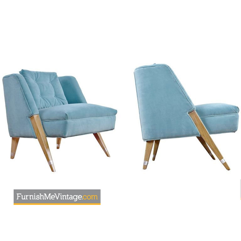Hollywood Regency Sky Blue Cerused Oak Compass Leg Slipper Chairs Pierre Jeanneret Cerused Oak Mid Century Hollywood Regency Blue Velvet