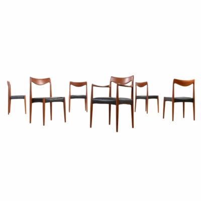 1950s Mid century modern teak Bambi Dining Chairs designed by Rolf Rastad and Adolf Relling for Gustav Bahus. New black vinyl upholstered seats