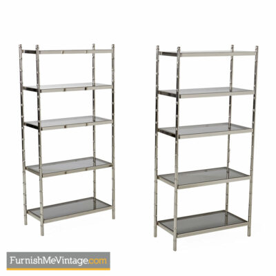 hollywood regency Chrome Etagere - Faux Bamboo Smoked Glass Shelves