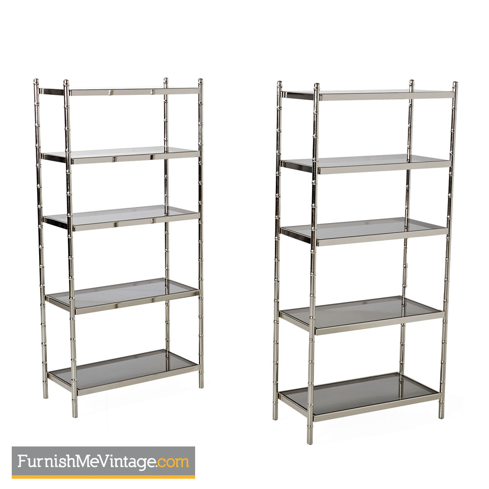 Chrome Etagere Faux Bamboo Smoked Glass Shelves