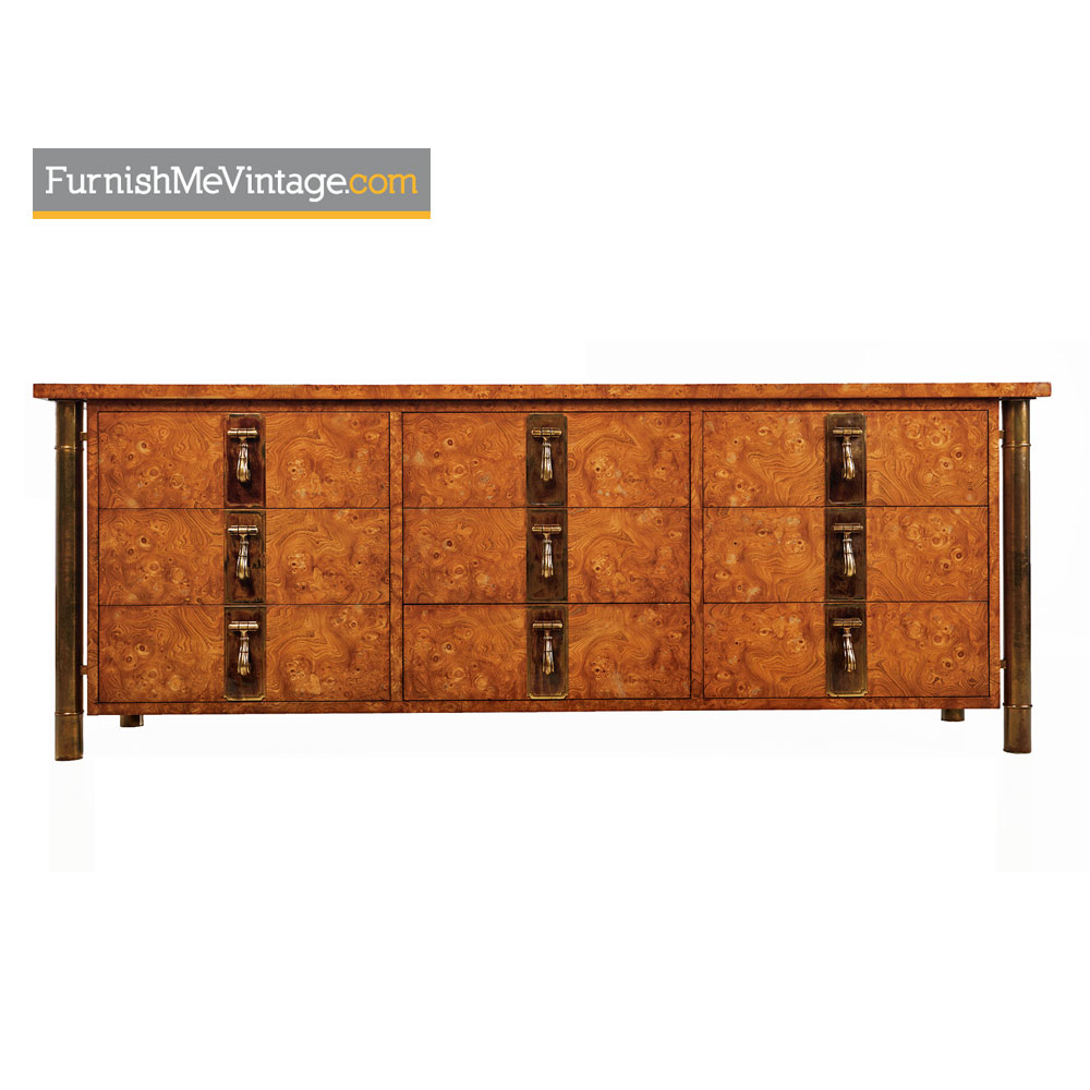 Mastercraft Dresser Credenza Hollywood Regency Burl Wood And Brass