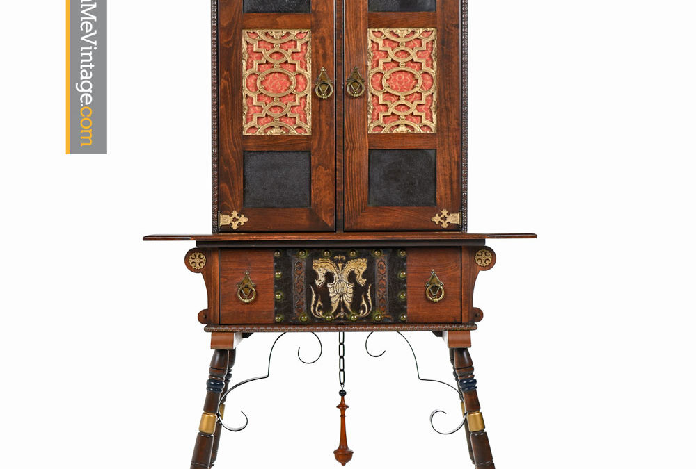 Gothic Revival Mahogany Hutch Cabinet with Seahorses and Leather