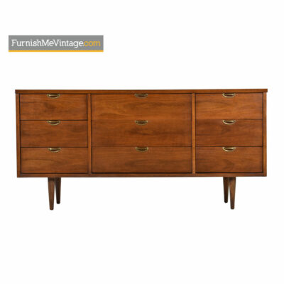 Bassett Dresser Credenza - Mid Century Modern Walnut & Brass