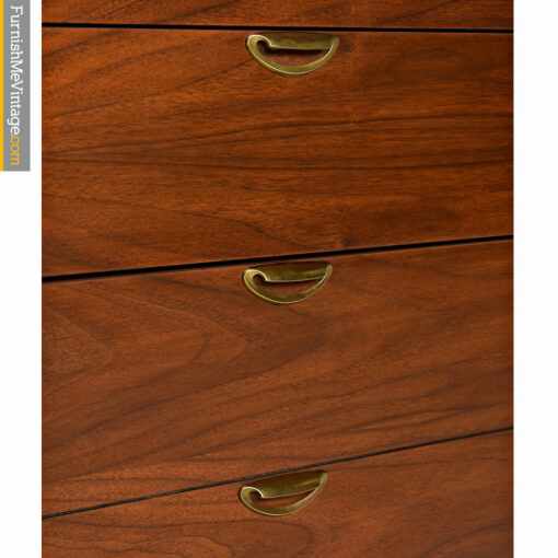 Bassett Highboy Dresser - Mid Century Modern Walnut & Brass