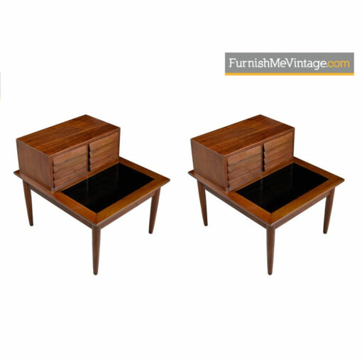 Mid-century modern restored Dania bedside table nightstands. Walnut end tables by American of Martinsville with louvered fronts
