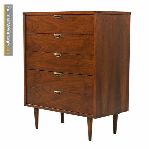 Bassett Highboy Dresser - Mid Century Modern Walnut & Brass