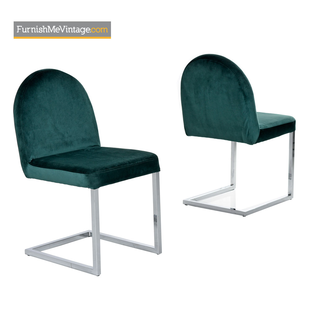 Chrome Dining Chairs Green Velvet Milo Baughman Cantilever Style Cantilever Chrome Dining Chairs In Forest Green Velvet