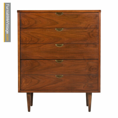Bassett Highboy Dresser - Mid Century Modern Walnut & Brass