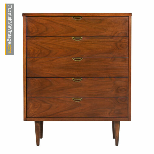 Bassett Highboy Dresser - Mid Century Modern Walnut & Brass
