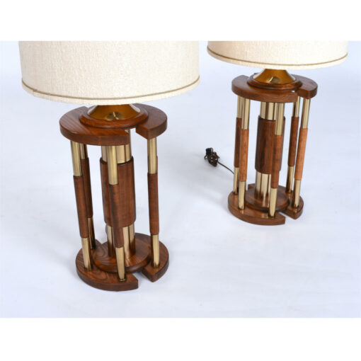 Large 1970s oak brass table lamps