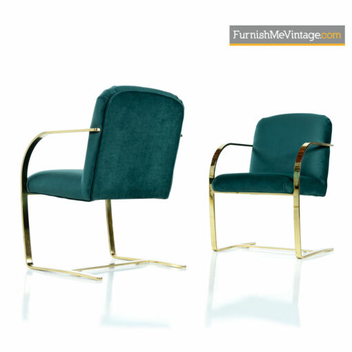 Milo Baughman Style Flat Bar Cantilever Brass Armchair Set - Forest Green Velvet