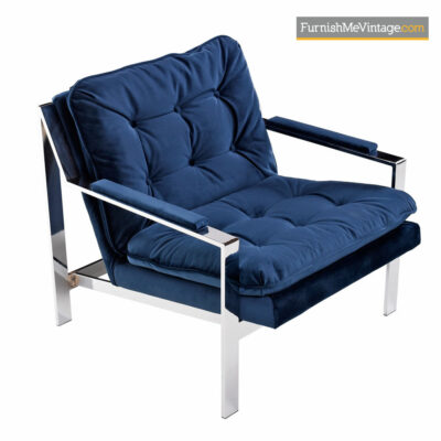 Cy Mann Flat Bar Chrome Lounge Chair Restored Navy Blue Velvet