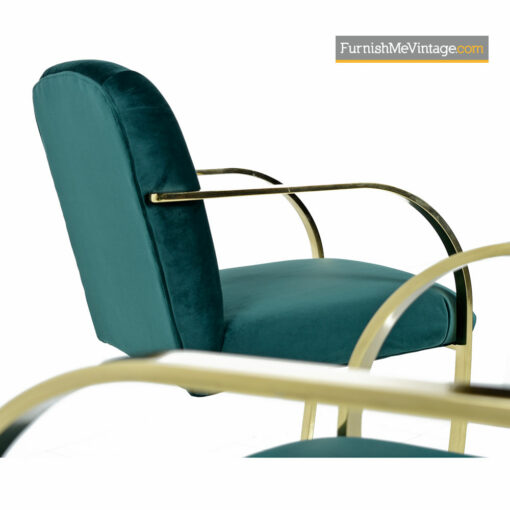 Milo Baughman Style Flat Bar Cantilever Brass Armchair Set - Forest Green Velvet