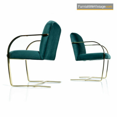 Mies van der Rohe Style Flat Bar Cantilever Brass Armchair Set - Forest Green Velvet