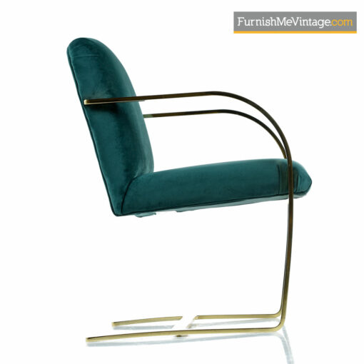 Milo Baughman Style Flat Bar Cantilever Brass Armchair Set - Forest Green Velvet
