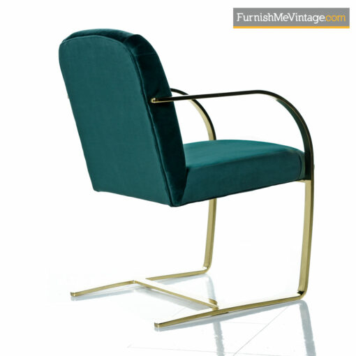 Milo Baughman Style Flat Bar Cantilever Brass Armchair Set - Forest Green Velvet