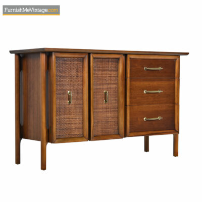 Edmund Spence Style Mid-Century Cane Door Brass Accent Walnut Credenza