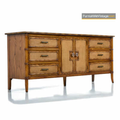 Thomasville Mediterranean Modern Hollywood Regency Oak Rattan Dresser Credenza