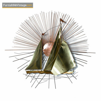 Suat Gurtan Metal Sailboat Sunburst Wall Sculpture Art