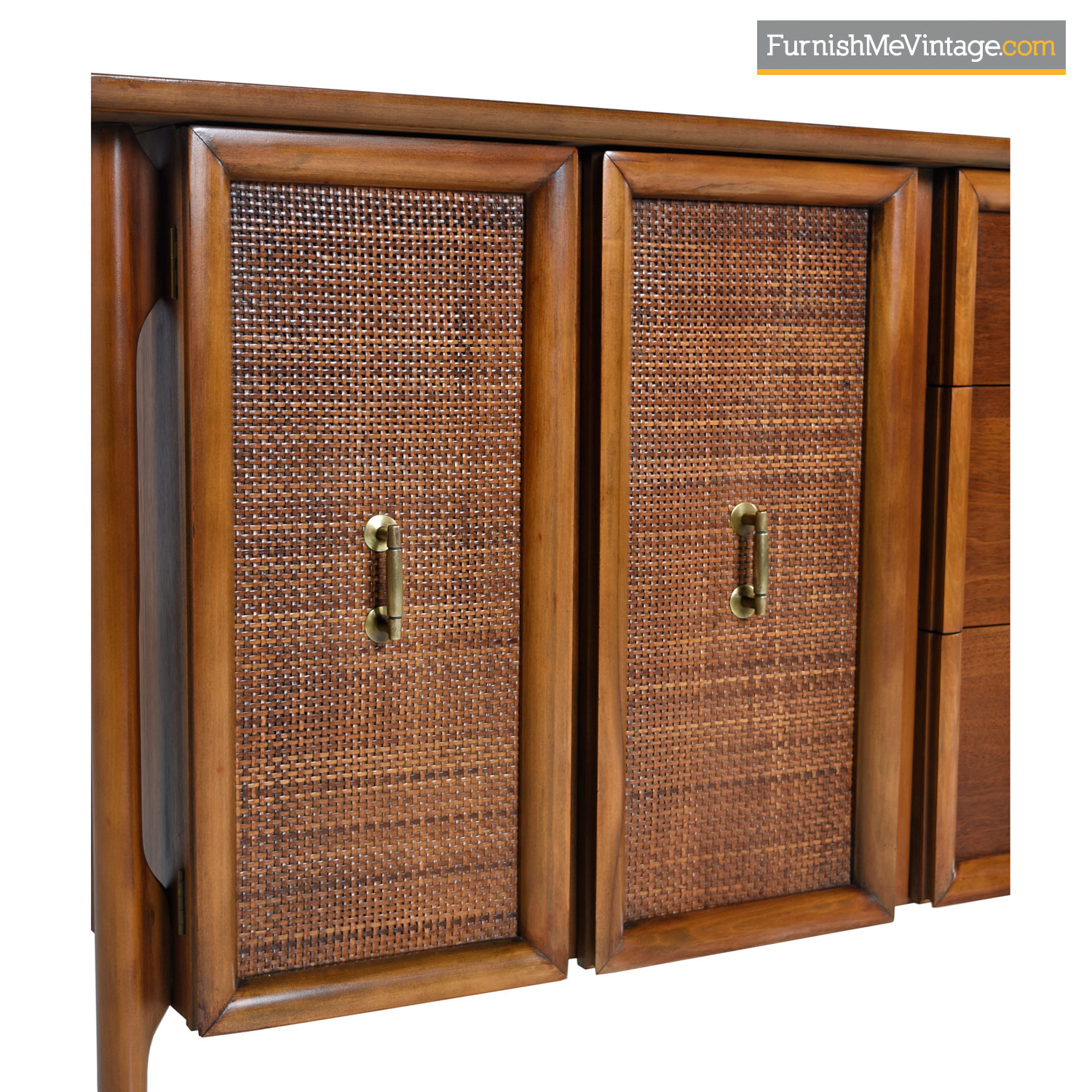 Edmund Spence Style MidCentury Cane Door Brass Accent Credenza