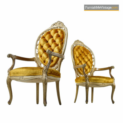 Hollywood Regency Louis XV Style Gold Velvet Deep Tufted Armchairs