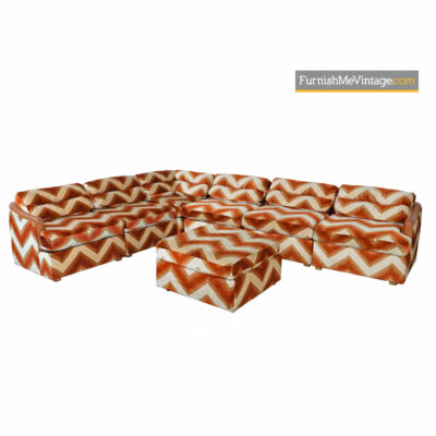 Orange Velour Sofa Chevron Pit Group Sectional - Milo Baughman Style