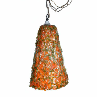 Orange and Green Mid-Century Modern Spaghetti Lucite Pendant Lamp