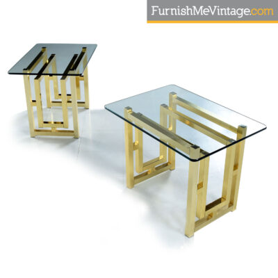 Milo Baughman gold art deco glass top end tables