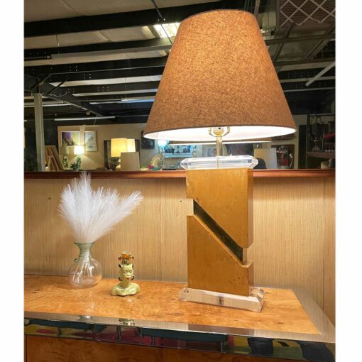 Vintage 1970s Post Modern Lucite Gold and Burl table lamp lit up